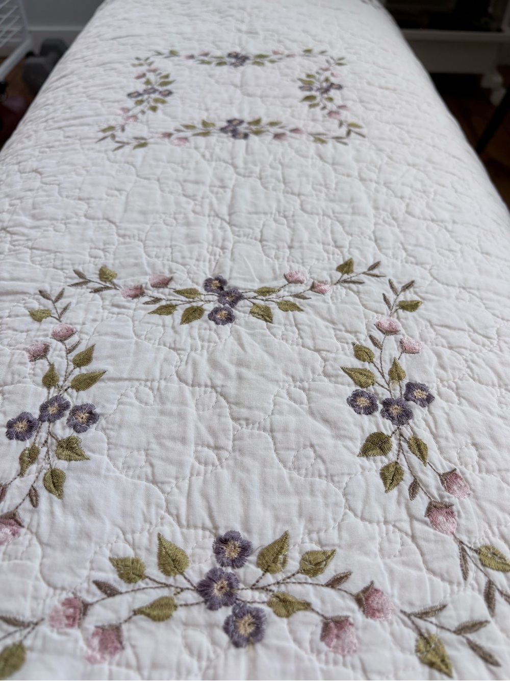 White 100% Cotton Quilt with Embroidered Lavender Floral Accents Size Queen
